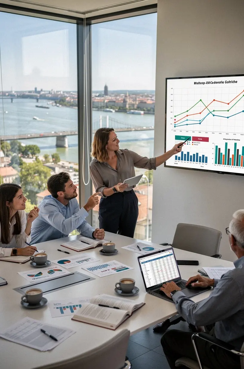 Pénzügyi tanácsadó interaktív előadást tart egy kis csoportnak, oktatva a takarékosság és befektetés alapjairól.