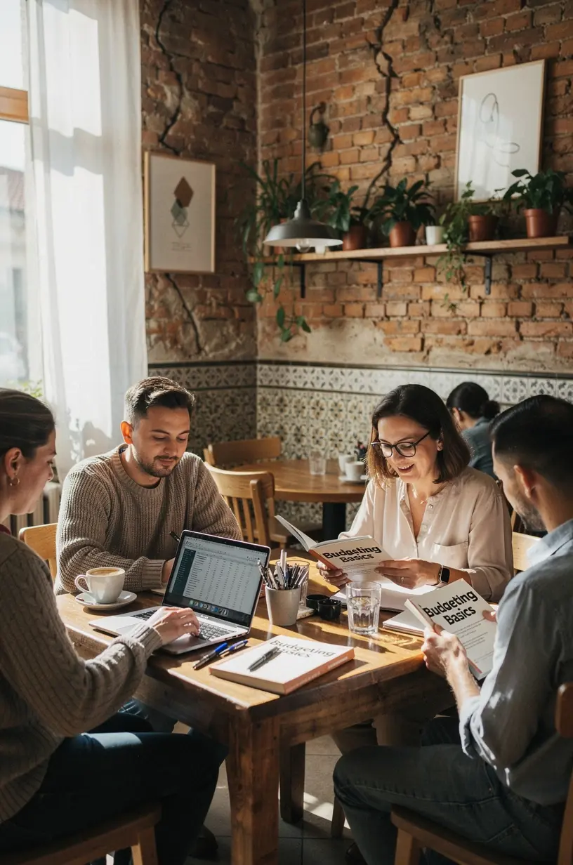 Offline pénzügyi szeminárium résztvevők gyűlése, ahol tapasztalt előadó magyarázza a költségvetés készítés lépéseit.